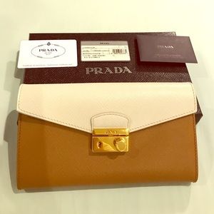 Prada Tan and Cream Clutch with Gold Accent